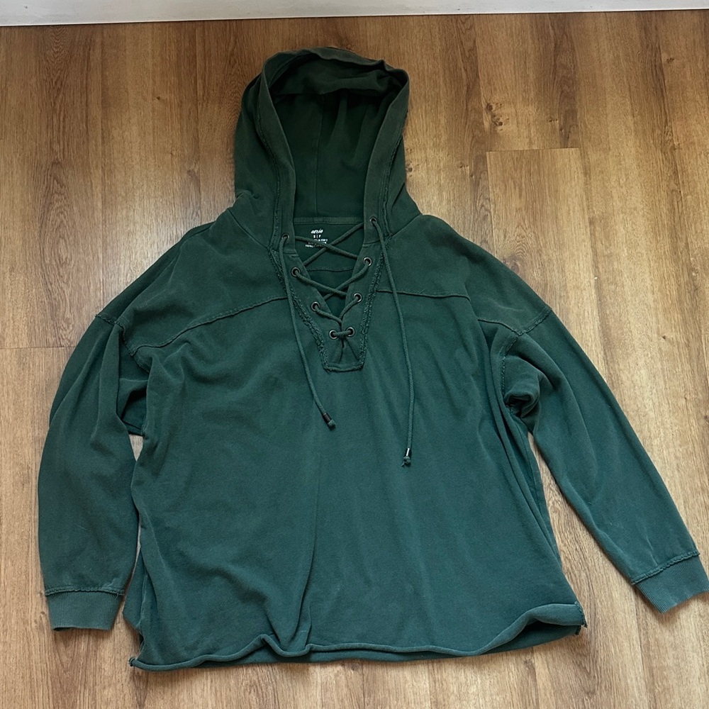 Aerie Women’s Oversized 100% Cotton Green Lace Up‎ Lightweight Hoodie Sweatshirt